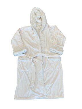 Luxury Hooded White Robe Faux Fur Trim Women's Size XL House Coat Bathrobe